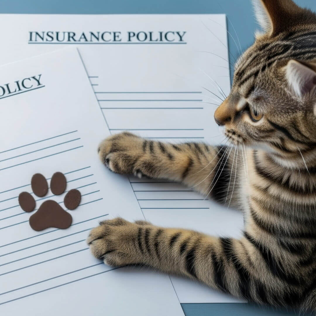 Tabby cat laying on top of Pet Insurance Policy